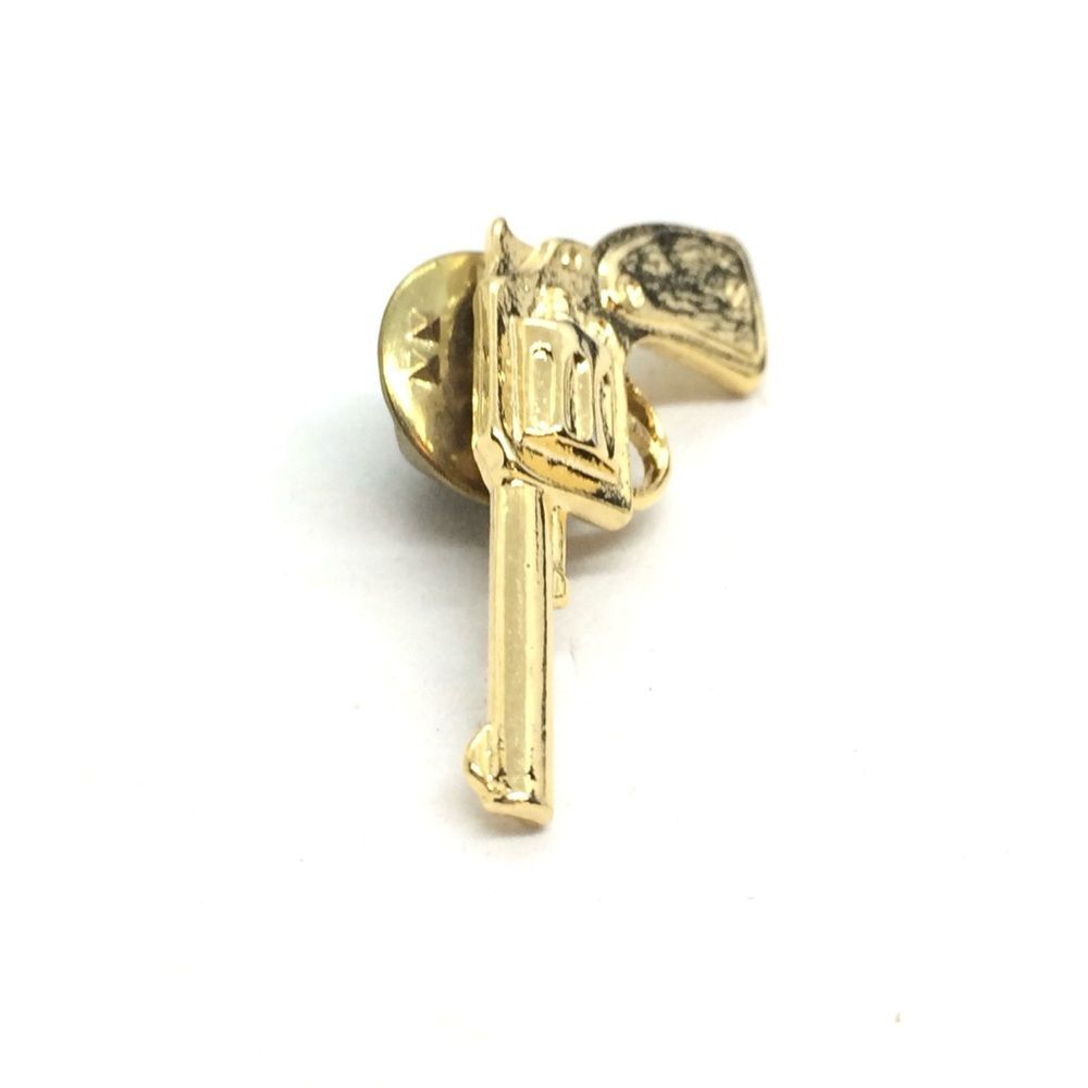 VINTAGE REVOLVER GUN TIE TACK LAPEL PIN GOLD TONE WESTERN COWBOY - Picture 11 of 12
